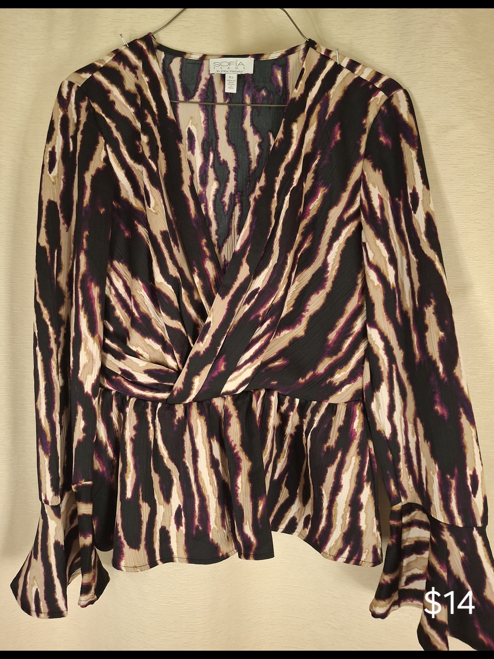 sofia by sofia vergara Black, Cream & Purple Animal-Print Wrap Peplum Top